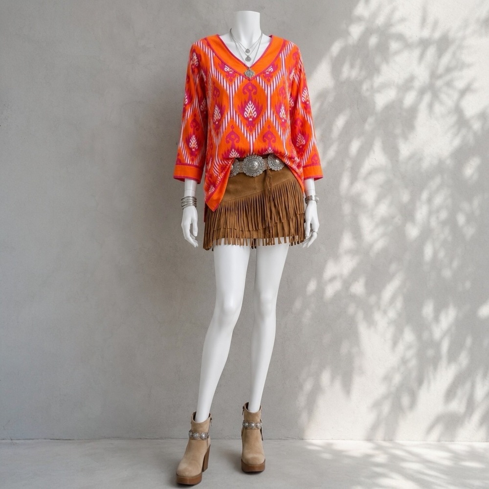 Gretchen Scott Top M Orange Purple Ikat Batik V Neck Cotton Resort Tunic - Picture 7 of 14
